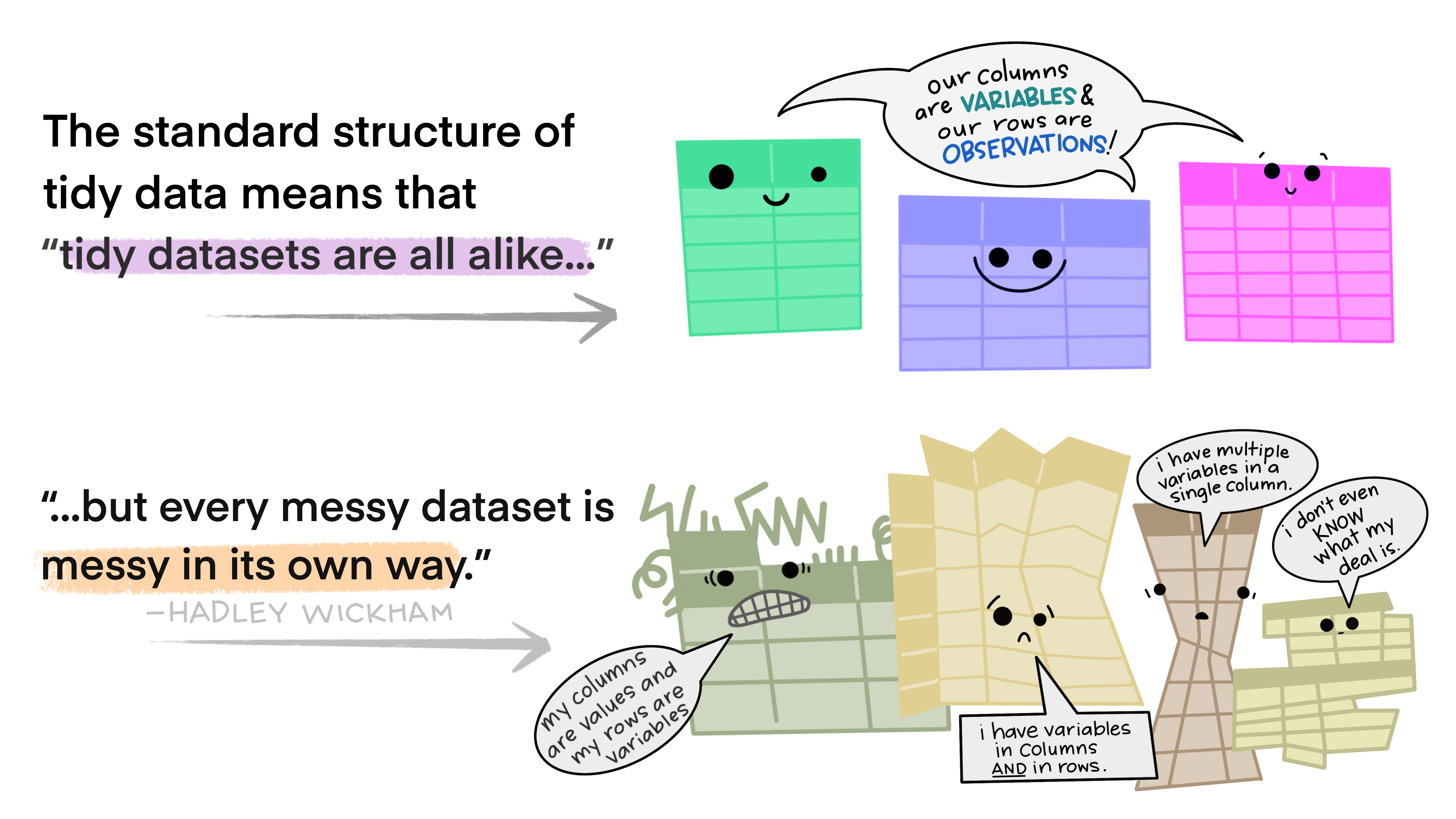 Illustrations from the Openscapes blog Tidy Data for reproducibility, efficiency, and collaboration by Julia Lowndes and Allison Horst